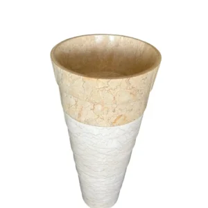 Elegant marble sink pedestal with layered natural stone design, tapered cylindrical shape.
