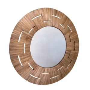 Round wall mirror with handcrafted water hyacinth frame and decorative cut-out design.