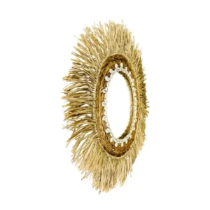 Round boho wall mirror with natural grass fringe and decorative shell frame
