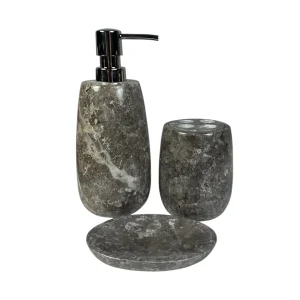 Handcrafted grey marble bath accessories set with soap dispenser, tumbler, and soap dish in natural stone finish.