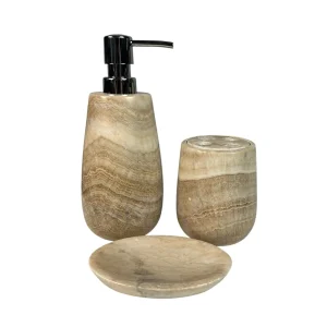 Handcrafted onyx bath accessories set with soap dispenser, tumbler, and soap dish in natural stone finish.