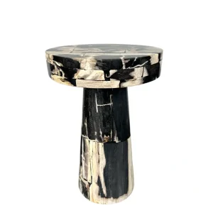 Handcrafted petrified wood side table with polished stone surface and natural fossil patterns