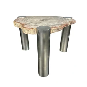 Luxury petrified wood coffee table with brushed steel legs and natural stone top.