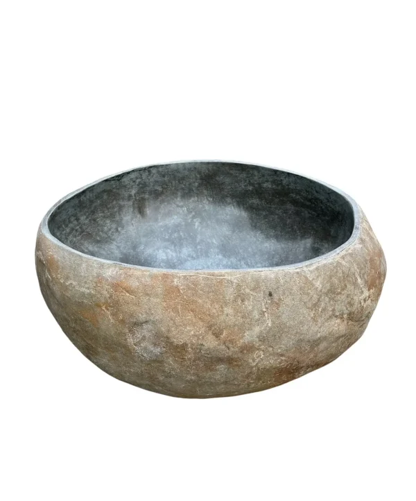 Handcrafted natural river stone flower pot with polished interior and rustic exterior texture
