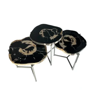 Set of three handcrafted petrified wood side tables with natural fossilized tops and modern metal bases.