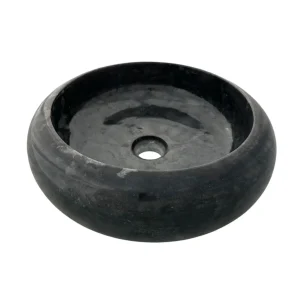 Handmade dark grey marble sink with polished interior and textured stone base, modern natural stone basin for luxury bathroom design.