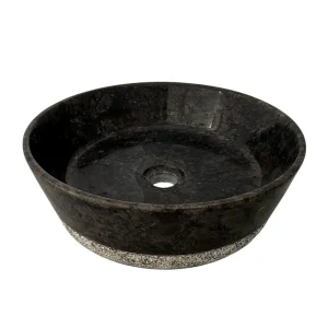 Handmade dark grey marble sink with polished interior and textured stone base, modern natural stone basin for luxury bathroom design.