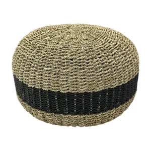 Handwoven natural fiber pouf made from eco-friendly materials with a round woven design.