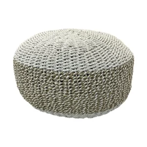 Handwoven natural fiber pouf made from eco-friendly materials with a round woven design.