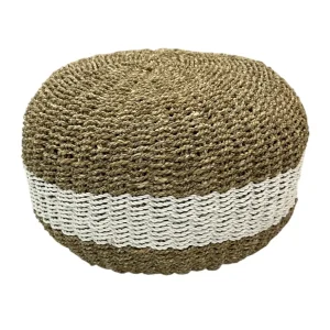 Handwoven natural fiber pouf made from eco-friendly materials with a round woven design.