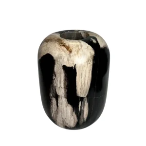Handmade petrified wood vase with polished surface and natural fossil patterns.