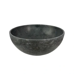 Handmade round marble bowl with smooth polished surface and graphite veining.