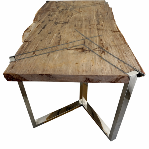 Handcrafted petrified wood dining table with fossilized texture and stainless steel base