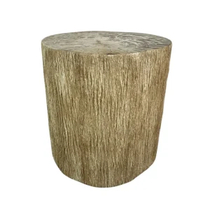 Petrified wood and fiberglass side table with natural tree trunk texture and smooth polished top.