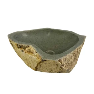 Rectangular handcrafted river stone sink with polished interior and rough exterior