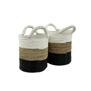 Handwoven natural fiber basket set with handles made from organic materials