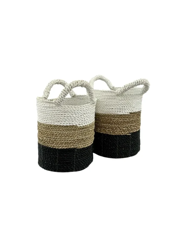 Handwoven natural fiber basket set with handles made from organic materials