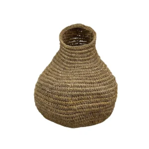 Handwoven natural fiber basket with handles made from organic materials