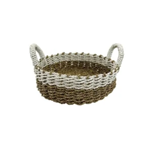 Handwoven natural fiber basket with handles made from organic materials