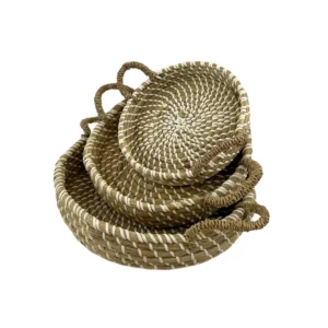 Handwoven natural fiber basket set with handles made from organic materials