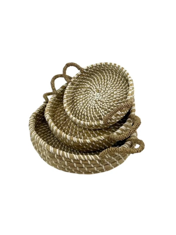 Handwoven natural fiber basket set with handles made from organic materials