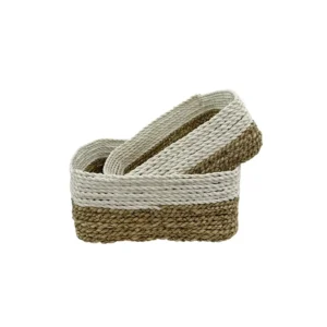 Handwoven natural fiber basket set with handles made from organic materials
