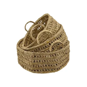 Handwoven natural fiber basket set with handles made from organic materials