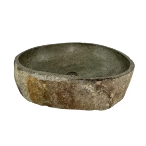 Handcrafted river stone sink with polished interior and natural exterior finish, unique organic stone wash basin.
