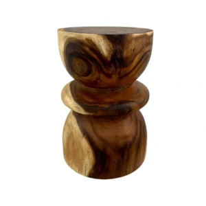 Handmade suar wood accent stool carved from solid natural wood with unique grain pattern