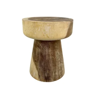 Handmade suar wood accent stool carved from solid natural wood with unique grain pattern