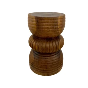 Handmade suar wood accent stool carved from solid natural wood with unique grain pattern