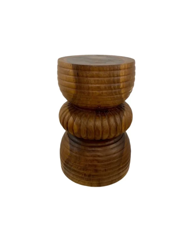 Handmade suar wood accent stool carved from solid natural wood with unique grain pattern
