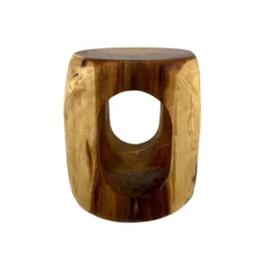 Handmade suar wood accent stool carved from solid natural wood with unique grain pattern