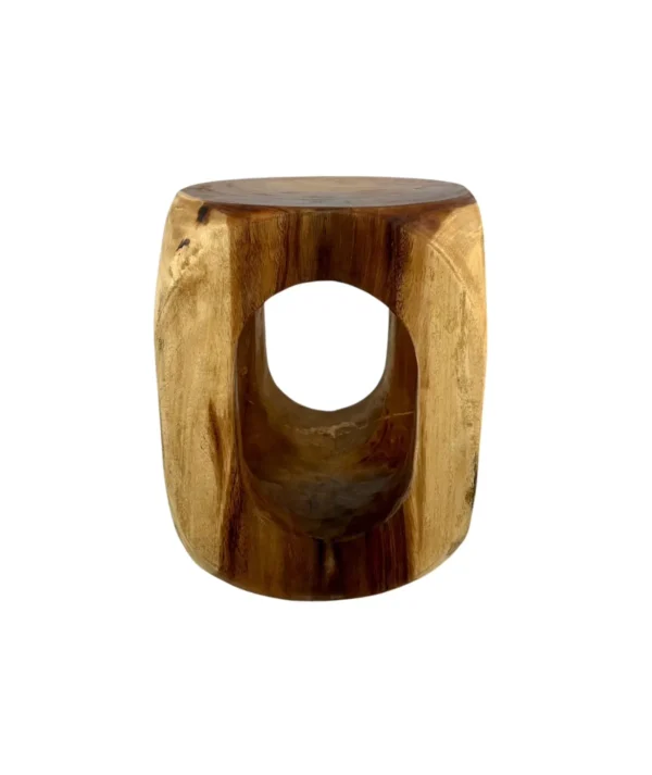 Handmade suar wood accent stool carved from solid natural wood with unique grain pattern