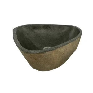 Handcrafted river stone sink with polished interior and natural exterior finish, unique organic stone wash basin.