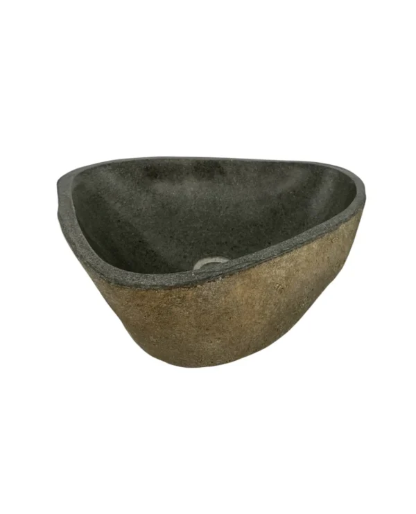 Handcrafted river stone sink with polished interior and natural exterior finish, unique organic stone wash basin.