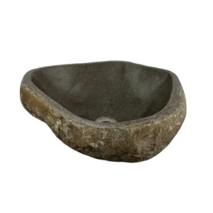 Handcrafted river stone sink with polished interior and natural exterior finish, unique organic stone wash basin.