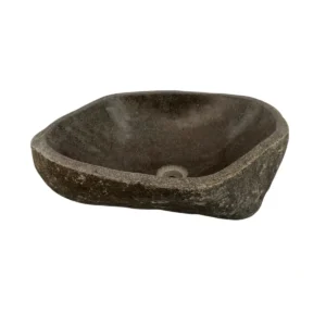 Handcrafted river stone sink with polished interior and natural exterior finish, unique organic stone wash basin.
