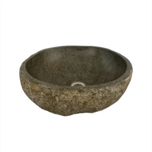 Handcrafted river stone sink with polished interior and natural exterior finish, unique organic stone wash basin.