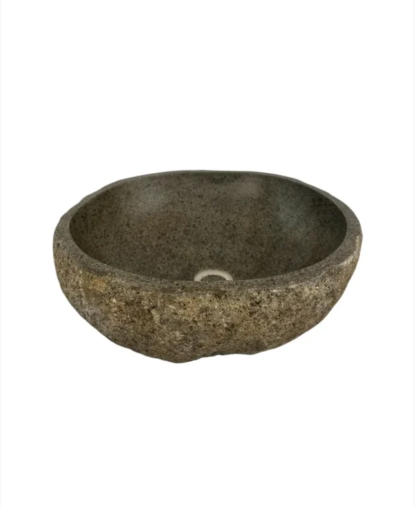 Handcrafted river stone sink with polished interior and natural exterior finish, unique organic stone wash basin.