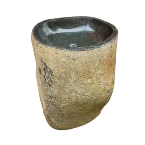 Natural riverstone pedestal sink with polished interior and rustic outer surface