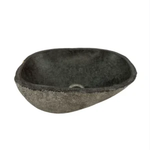 Handcrafted river stone sink with polished interior and natural exterior finish, unique organic stone wash basin.