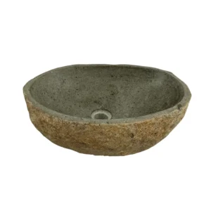 Handcrafted river stone sink with polished interior and natural exterior finish, unique organic stone wash basin.