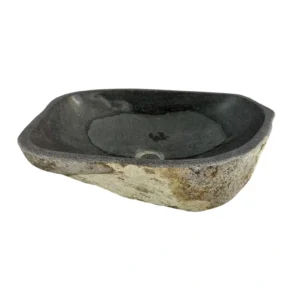 Handcrafted river stone sink with polished interior and natural exterior finish, unique organic stone wash basin.