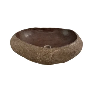 Handcrafted river stone sink with polished interior and natural exterior finish, unique organic stone wash basin.