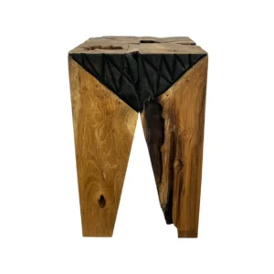 Handmade teak wood accent stool carved from solid natural wood with unique grain pattern