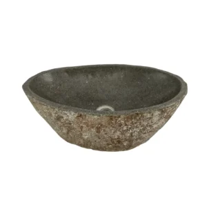 Handcrafted river stone sink with polished interior and natural exterior finish, unique organic stone wash basin.