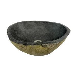 Handcrafted river stone sink with polished interior and natural exterior finish, unique organic stone wash basin.