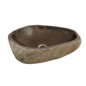 Handcrafted river stone sink with polished interior and natural exterior finish, unique organic stone wash basin.
