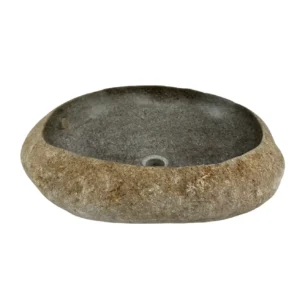 Handcrafted river stone sink with polished interior and natural exterior finish, unique organic stone wash basin.